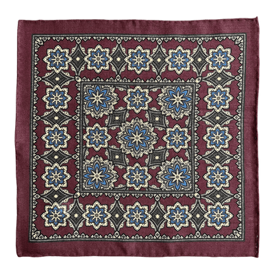 Regent - Wool/Silk Pocket Square - Burgundy/Blue Motif