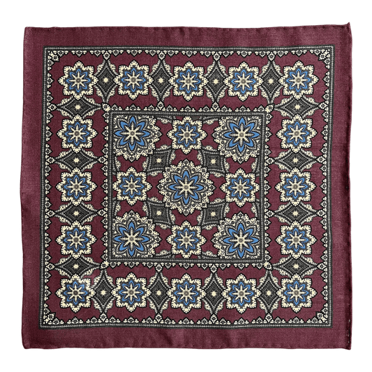 Regent - Wool/Silk Pocket Square - Burgundy/Blue Motif - Regent Tailoring Salisbury