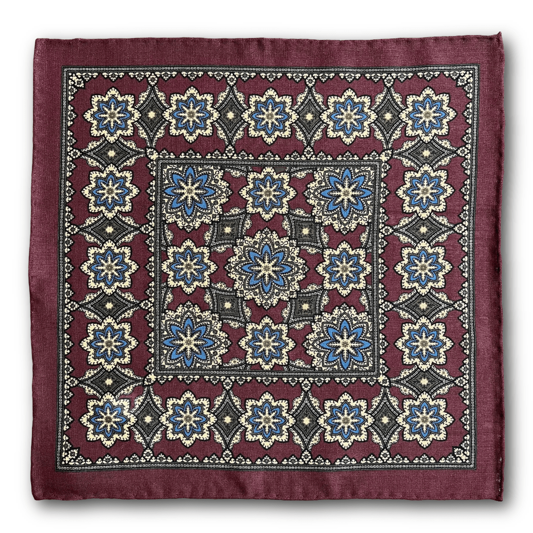 Regent - Wool/Silk Pocket Square - Burgundy/Blue Motif - Regent Tailoring Salisbury