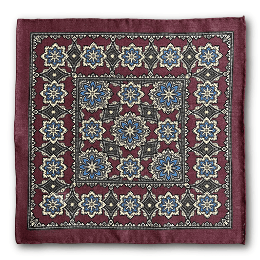 Regent - Wool/Silk Pocket Square - Burgundy/Blue Motif - Regent Tailoring Salisbury