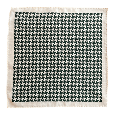 Regent - Wool/Silk Pocket Square - Cream with Green Houndstooth