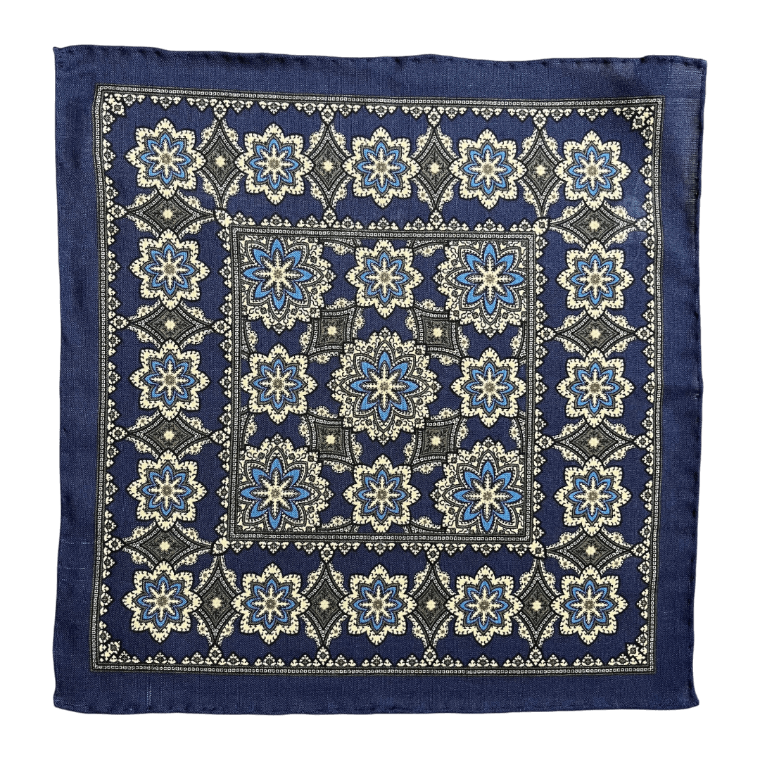 Regent - Wool/Silk Pocket Square - Navy/Green Motif - Regent Tailoring Salisbury