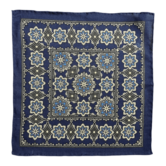 Regent - Wool/Silk Pocket Square - Navy/Green Motif - Regent Tailoring Salisbury