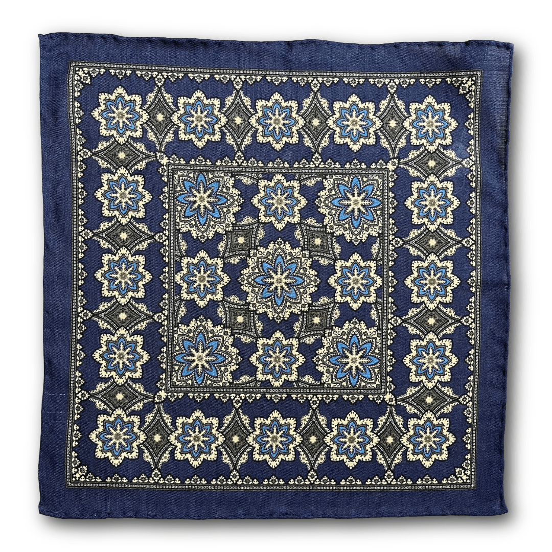 Regent - Wool/Silk Pocket Square - Navy/Green Motif - Regent Tailoring Salisbury