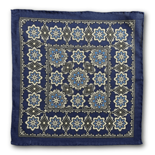 Regent - Wool/Silk Pocket Square - Navy/Green Motif - Regent Tailoring Salisbury