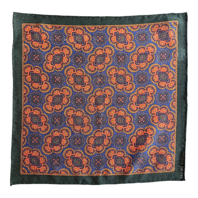 Regent - Wool/Silk Pocket Square - Orange/Navy/Green Motif