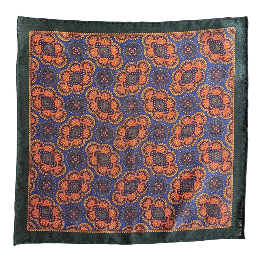 Regent - Wool/Silk Pocket Square - Orange/Navy/Green Motif - Regent Tailoring Salisbury