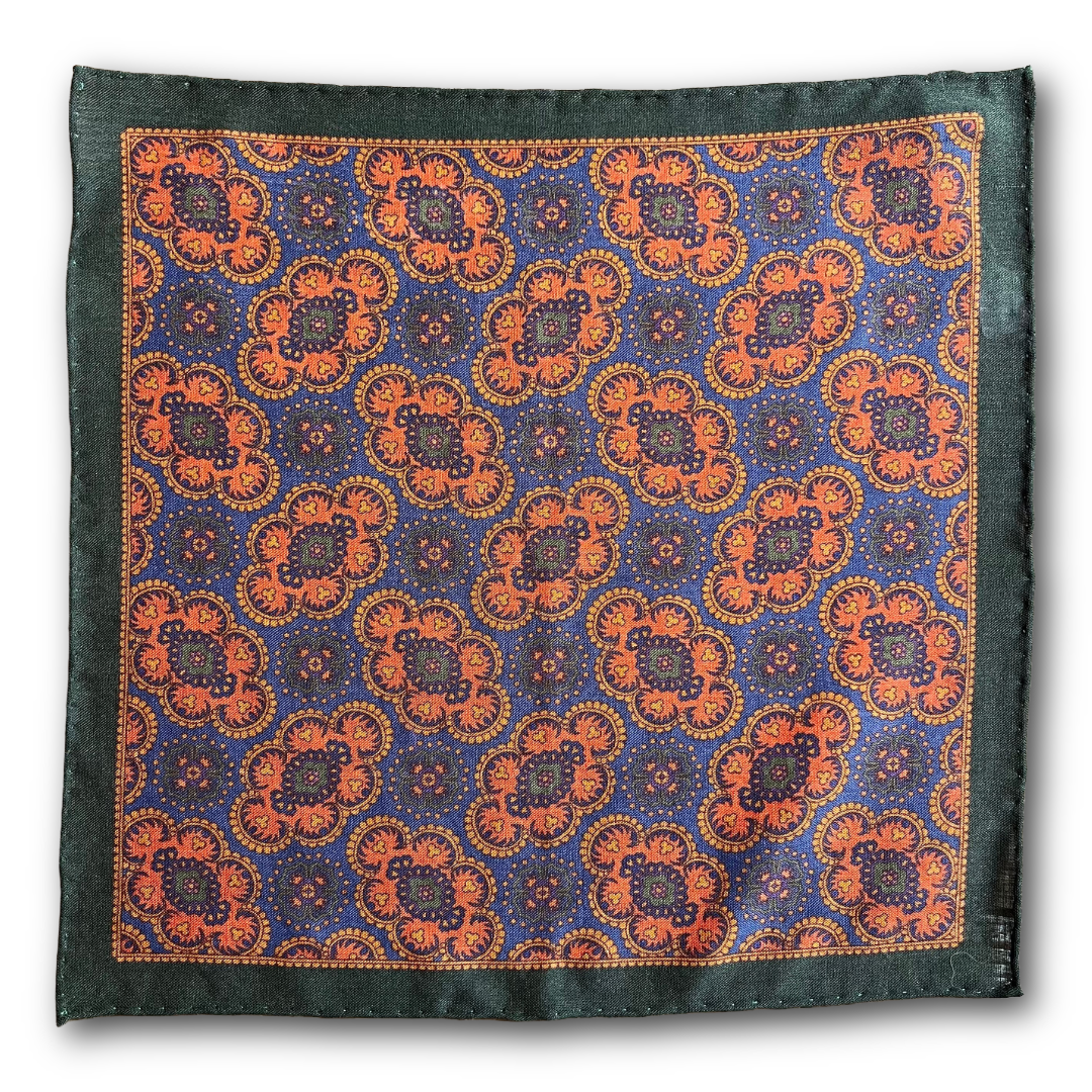 Regent - Wool/Silk Pocket Square - Orange/Navy/Green Motif - Regent Tailoring Salisbury