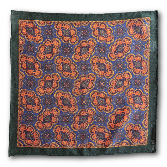 Regent - Wool/Silk Pocket Square - Orange/Navy/Green Motif - Regent Tailoring Salisbury