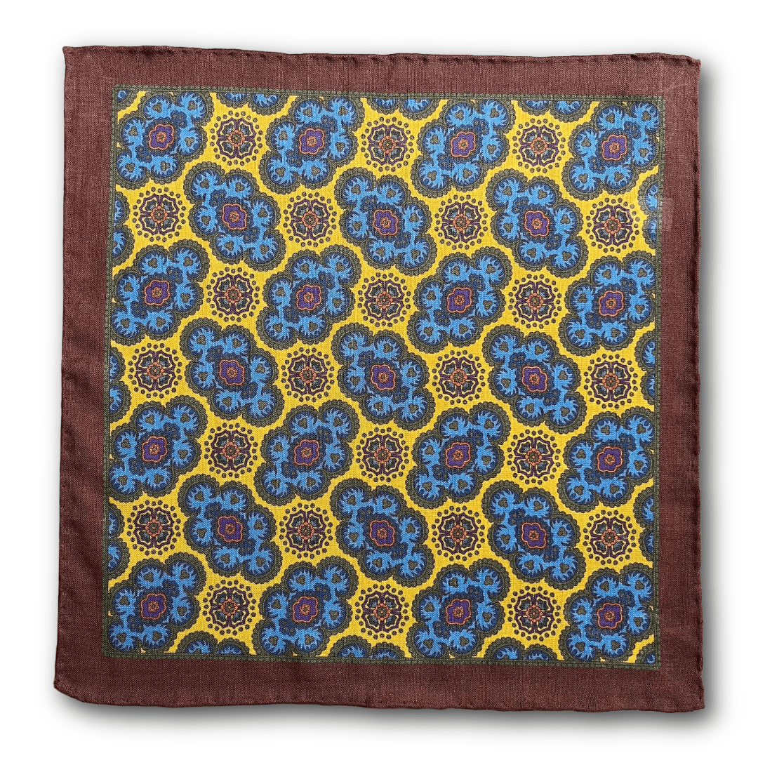 Regent - Wool/Silk Pocket Square - Yellow/Blue/Burgundy Motif - Regent Tailoring Salisbury