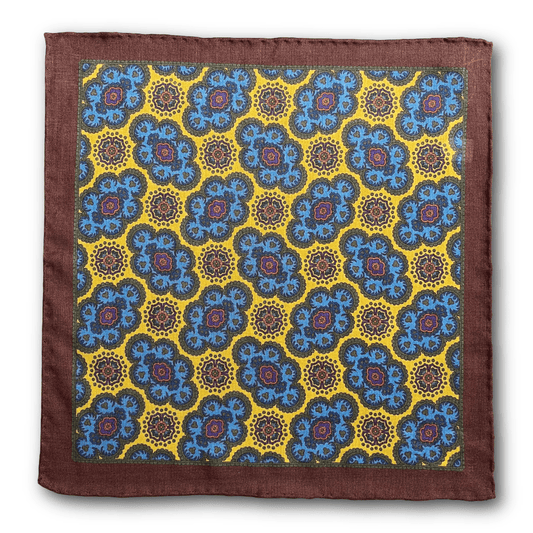 Regent - Wool/Silk Pocket Square - Yellow/Blue/Burgundy Motif - Regent Tailoring Salisbury