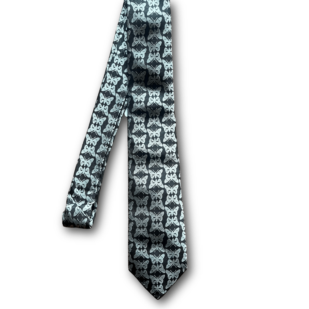 Regent - Woven Silk Tie - Black With Silver Butterflies - Regent TailoringRegent