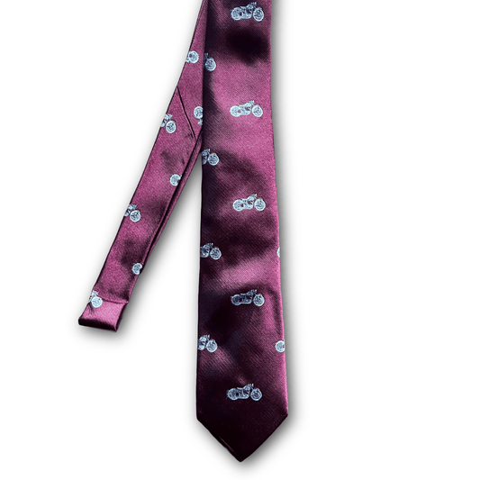 Regent - Woven Silk Tie - Burgundy with White Motorbike - 234 - Regent Tailoring Salisbury