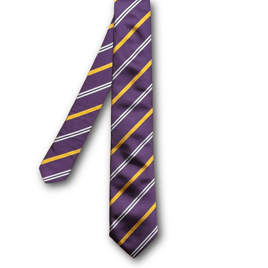 Regent - Woven Silk Tie - Deep Purple with Double White and Yellow Stripe - Regent TailoringRegent