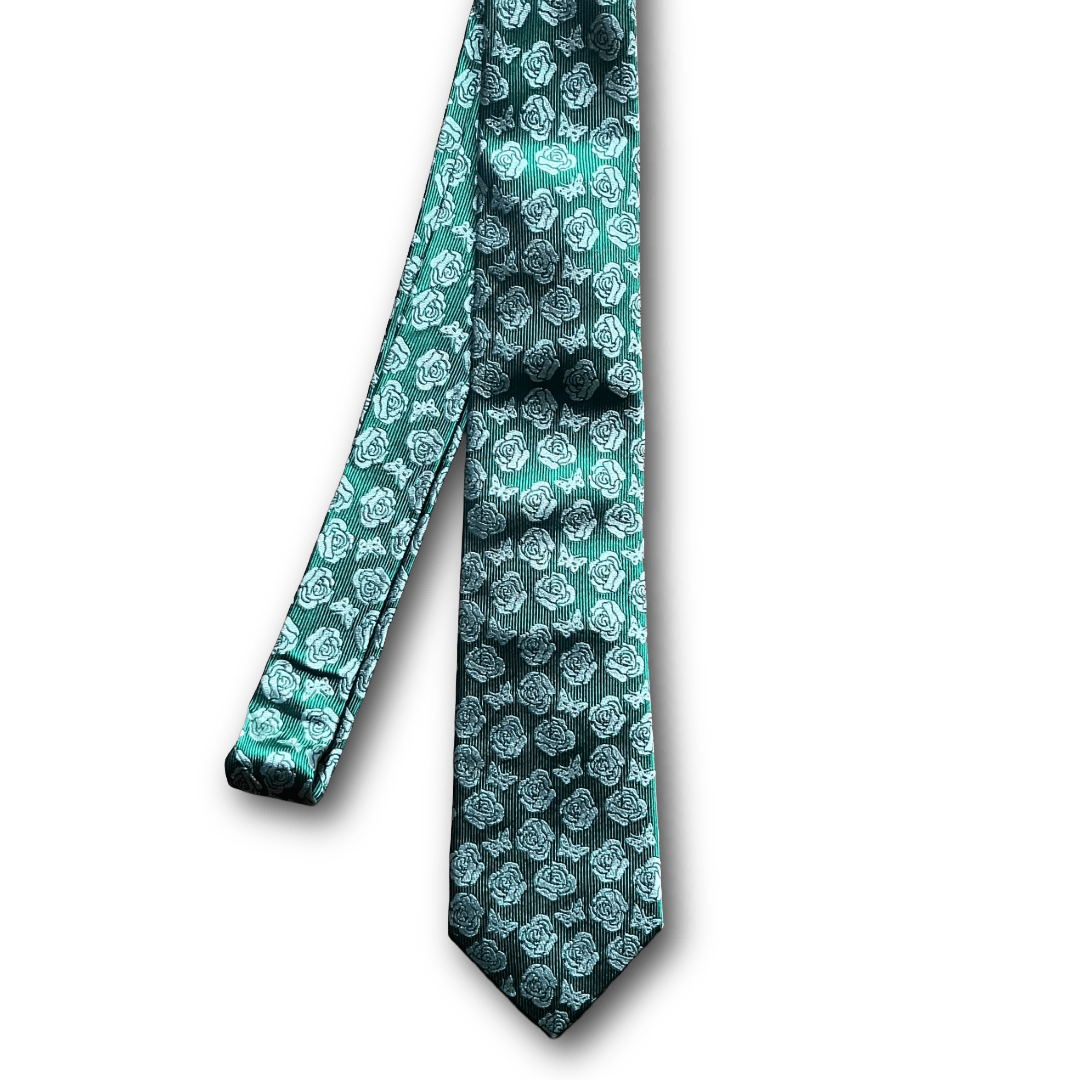 Regent - Woven Silk Tie- Green and Silver Rose and Butterfly Logo - 235 - Regent Tailoring Salisbury