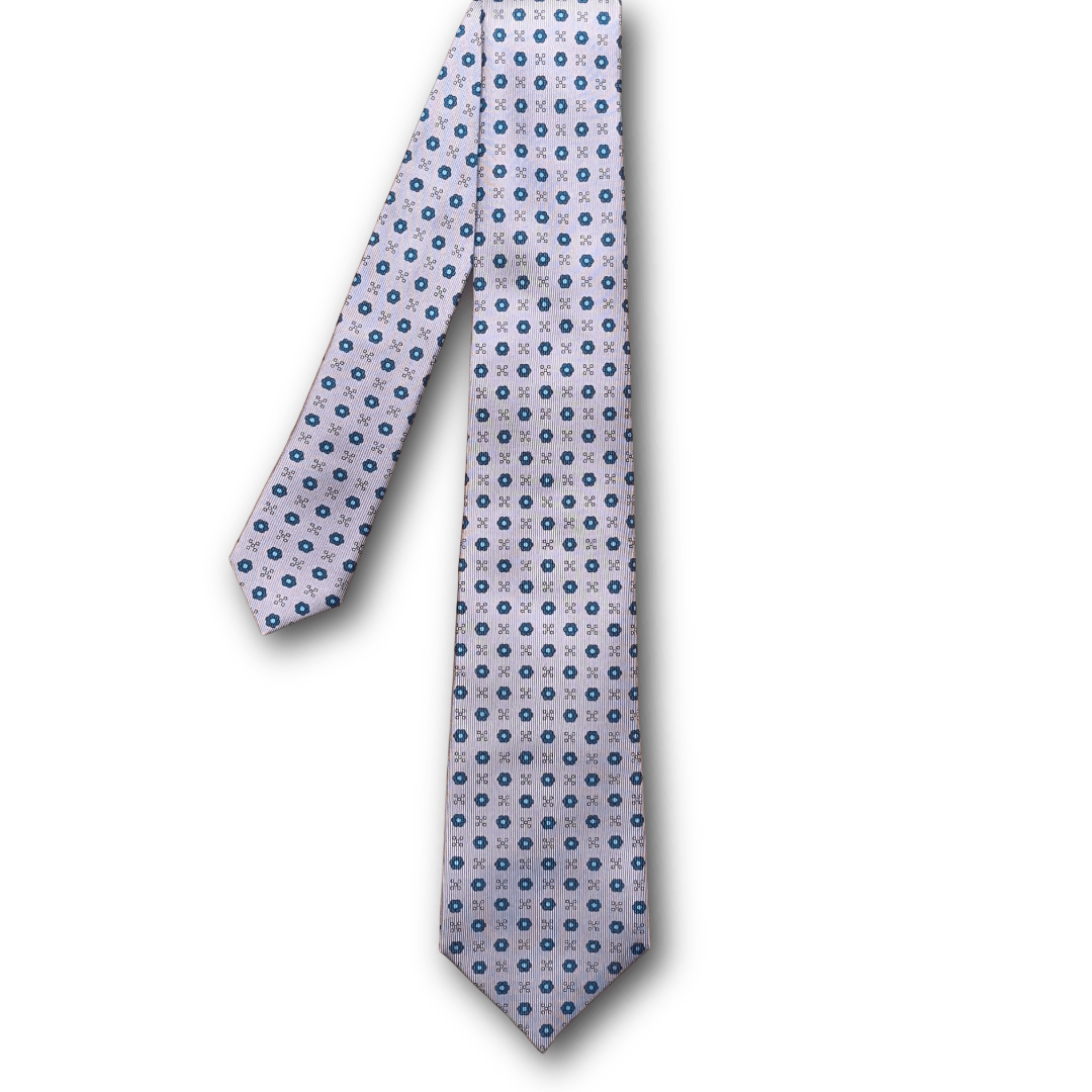 Regent - Woven Silk Tie - Silver Lilac with Blue Flower Motif - Regent Tailoring Salisbury