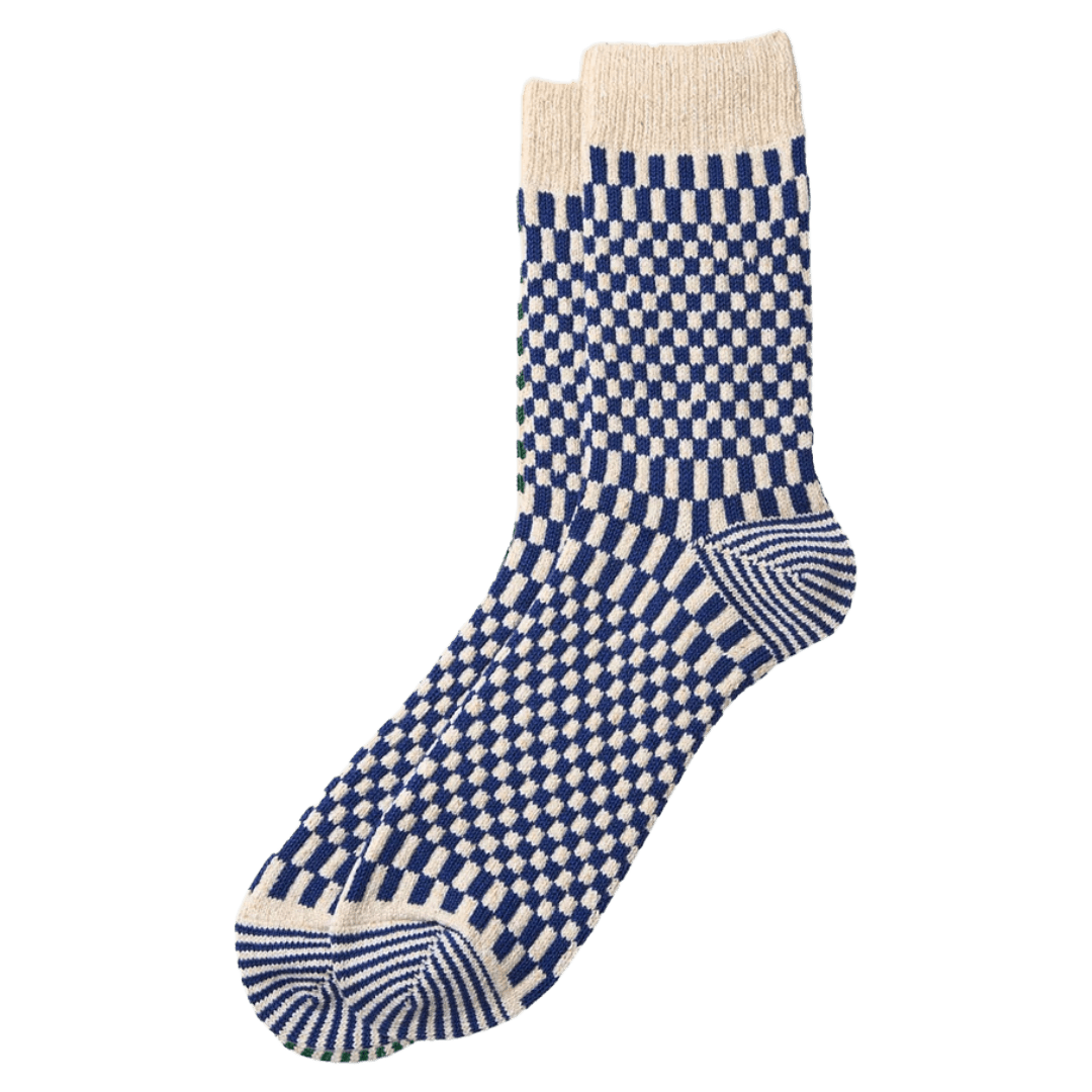 RoToTo - Checkerboard Pattern Crew Socks R1621 - Blue - Regent Tailoring Salisbury