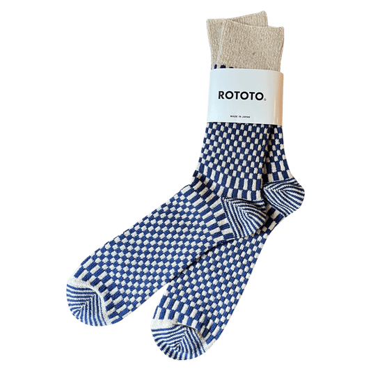 ROTOTO - Checkerboard Pattern Socks - Blue & Cream - Regent Tailoring Salisbury