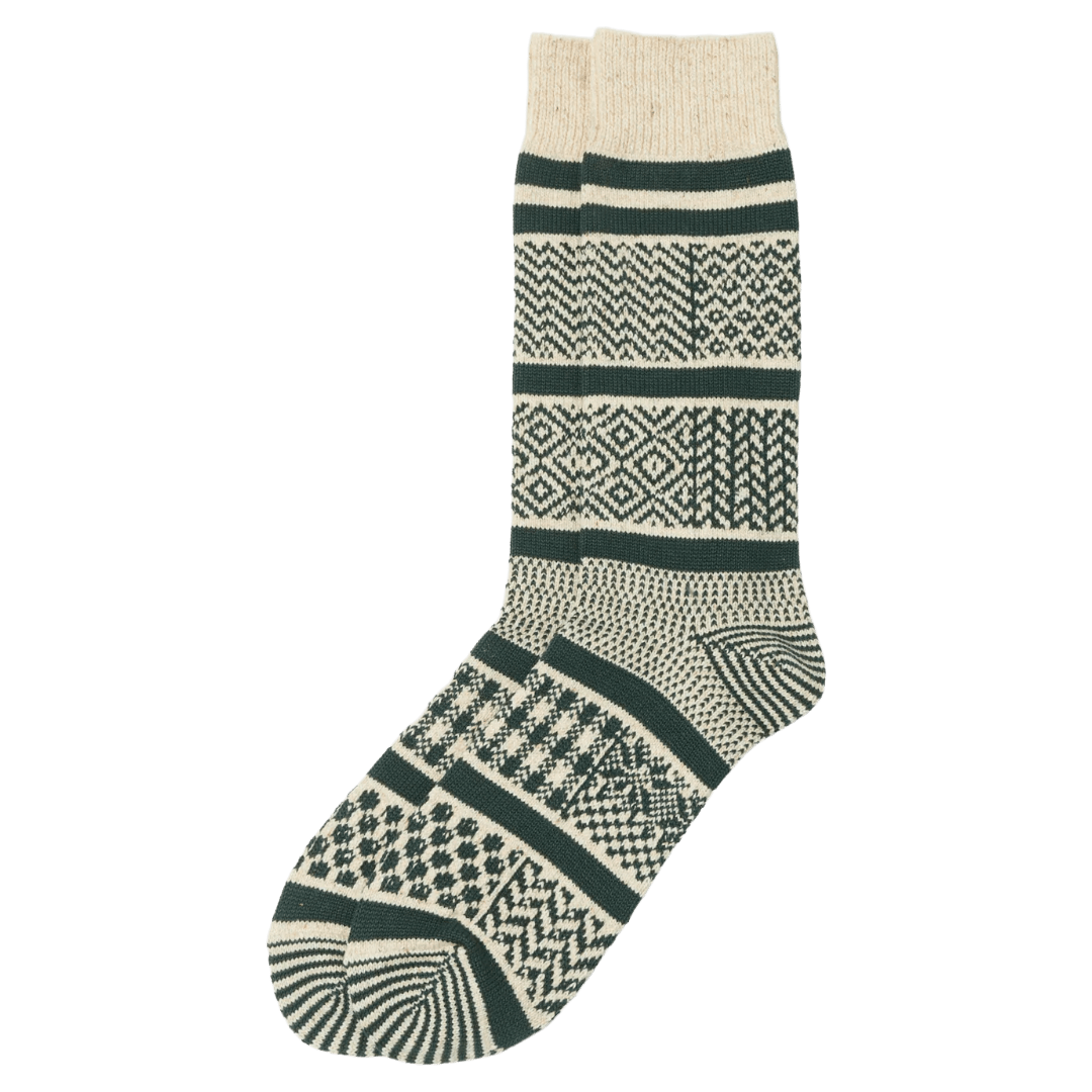RoToTo - Multi Jacquard Crew Socks R1337 - Ivory/Dark Green - Regent Tailoring Salisbury