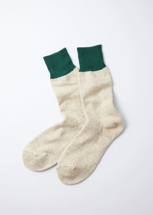 ROTOTO - Double Face Crew Socks - Silk - Cotton - Green/Beige