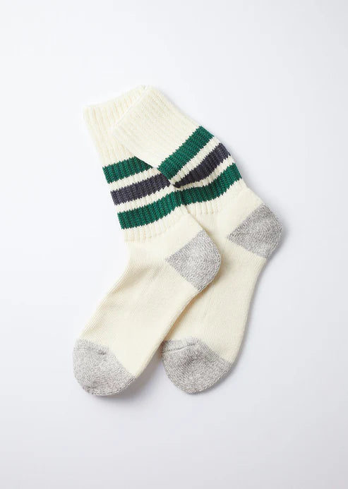 Cream white Rototo socks with grey toes and heels and with charcoal and green stripes