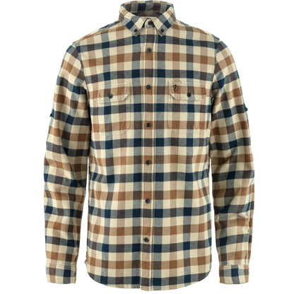 Plaid shirt with brown, blue, and beige pattern on a white background