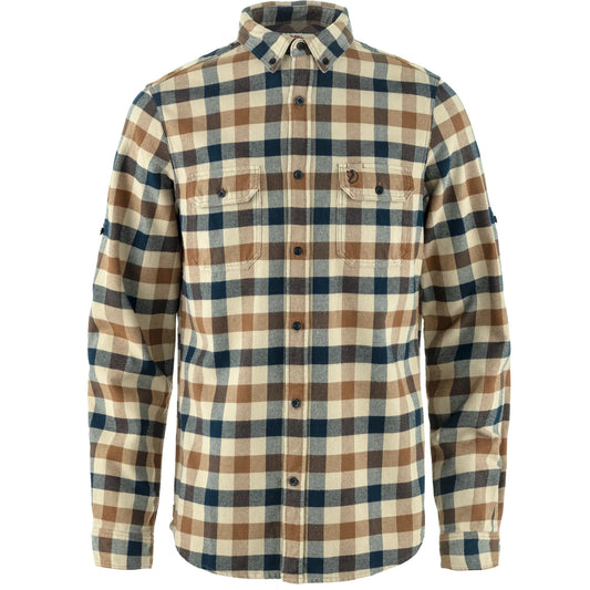 Plaid shirt with brown, blue, and beige pattern on a white background