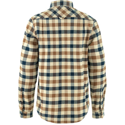 Plaid shirt with brown, blue, and beige pattern on a white background