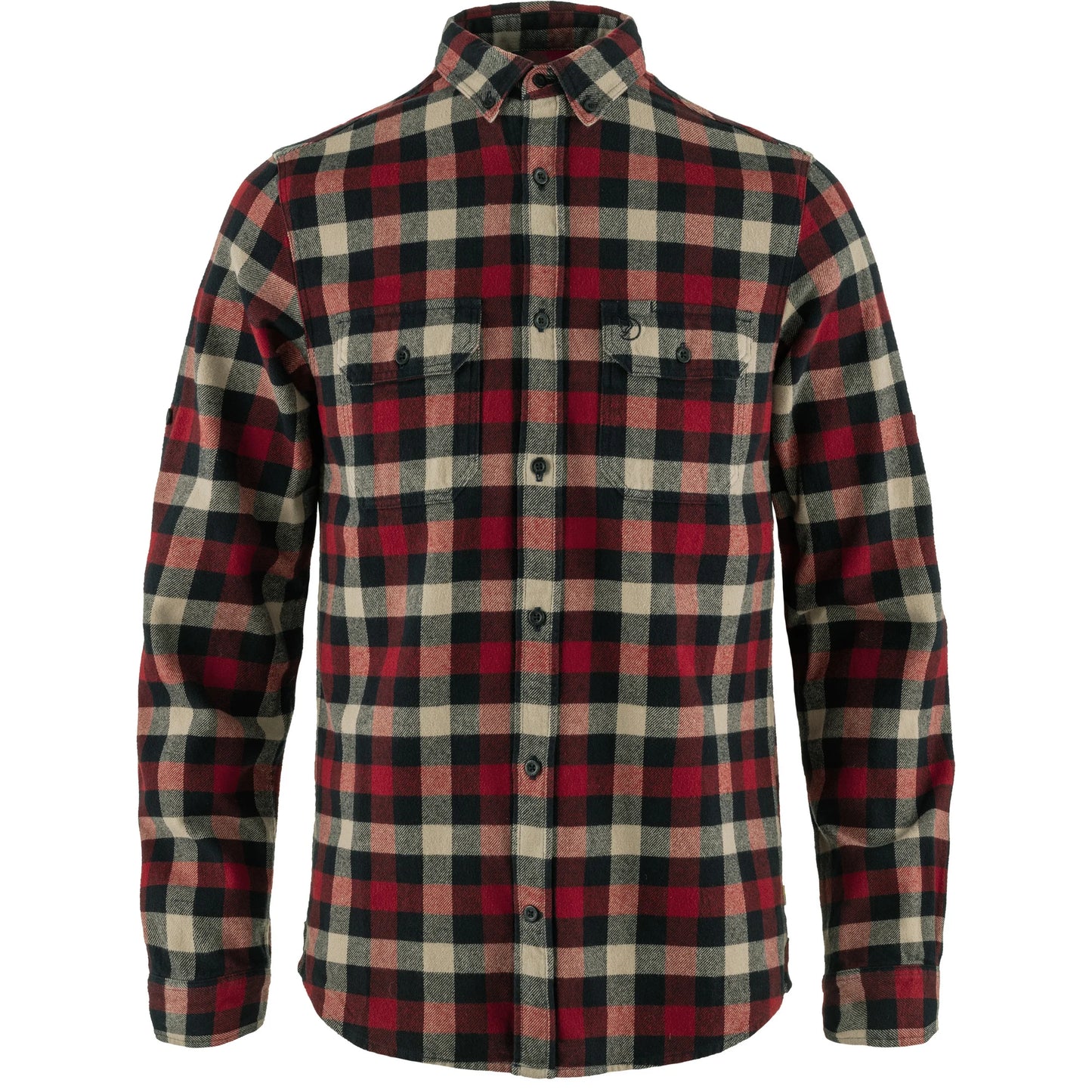 Dark navy and red check shirt with button down chet pockets and collar. long sleeve and curved hem.