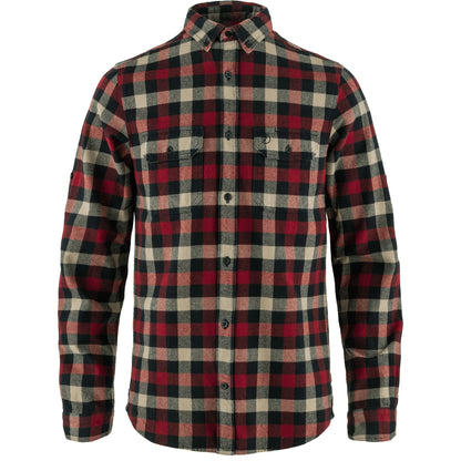 Dark navy and red check shirt with button down chet pockets and collar. long sleeve and curved hem.