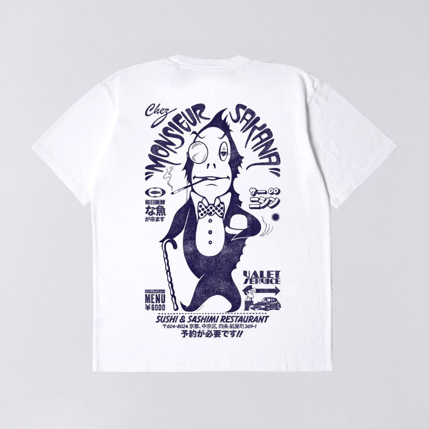 White t-shirt with black graphic design on a gray background