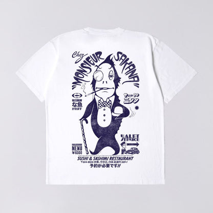 White t-shirt with black graphic design on a gray background