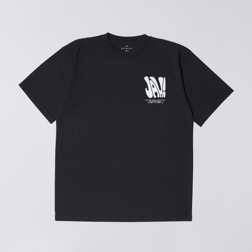 Black t-shirt with white graphic on a light gray background