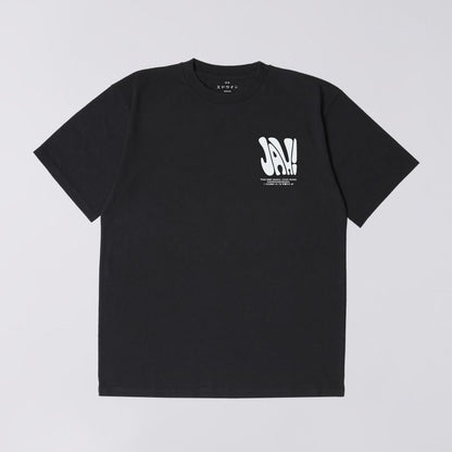Black t-shirt with white graphic on a light gray background