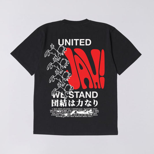 Black t-shirt with red and white graphics and text on a gray background