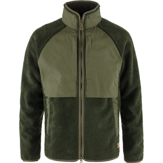 Fleece jacket in dark green and light green two way zip an pockets mixture of fleece and technical fabric.