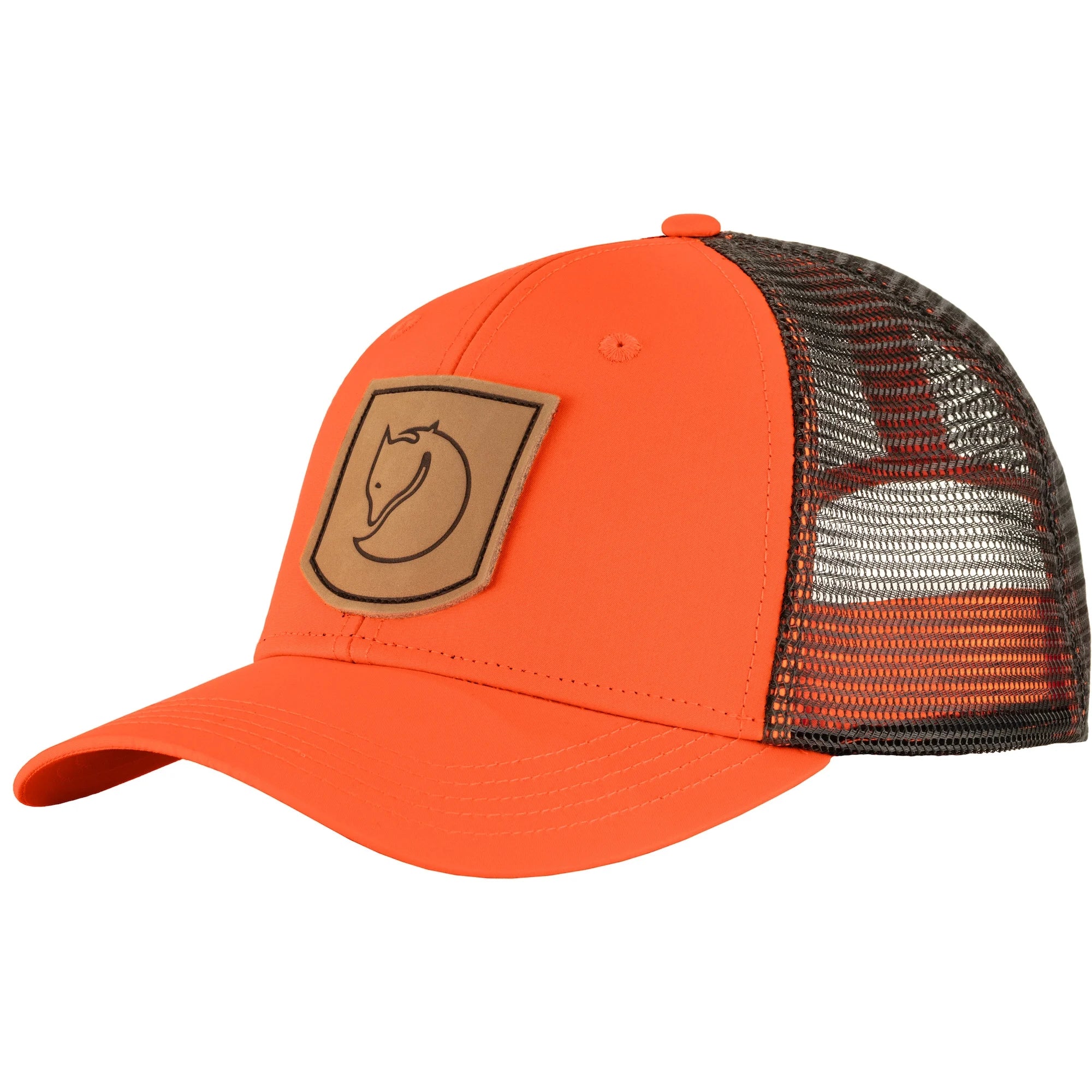 Safety Orange Trucker style hat with brown logo on front and black mesh back.
