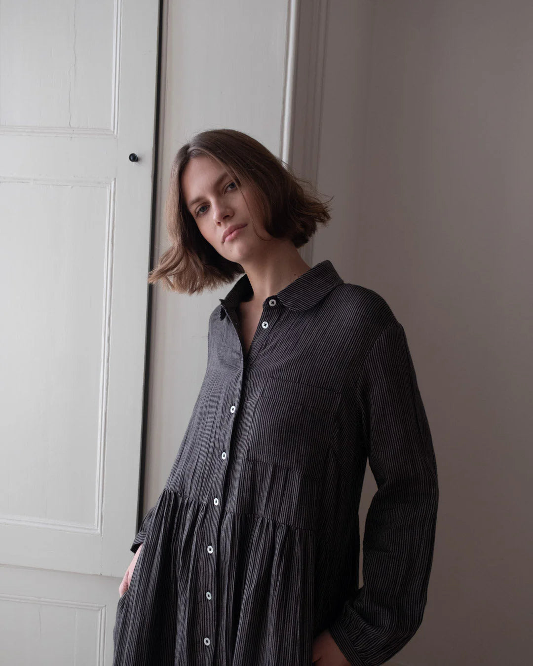 Bibico - Bea Shirt Dress - Double Gauze Stripe - Grey