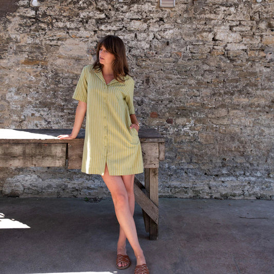 Avocado stripe short sundress, button down and wide collar.