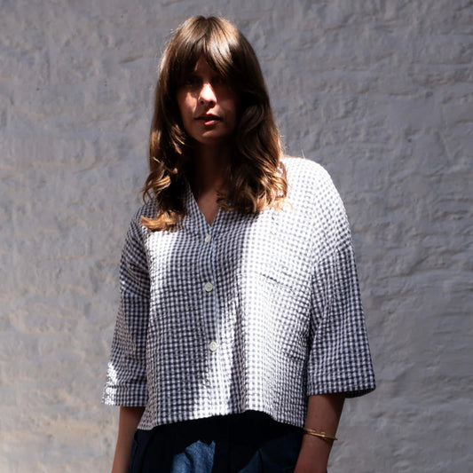 Grey dove check blouse button down, collarless 