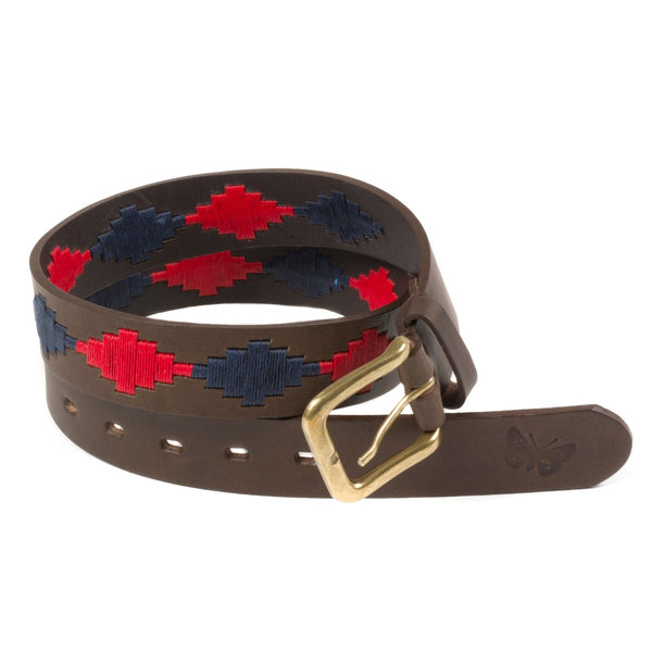 Regent - Polo Belt - Embroidered - Leather - Red & Navy Diamond