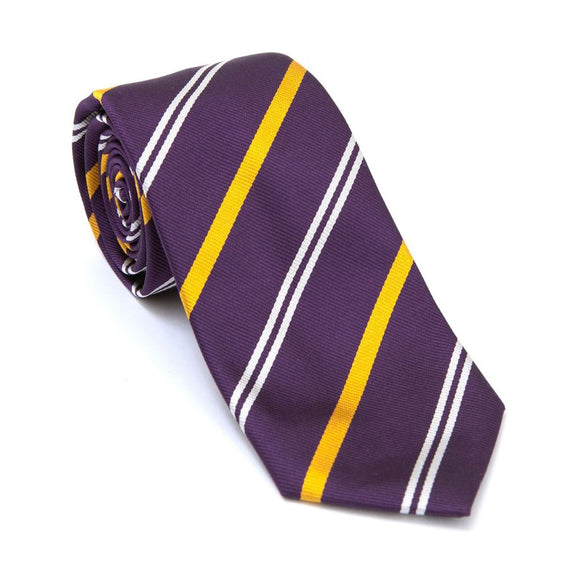 Regent - Woven Silk Tie - Deep Purple with Double White and Yellow Stripe - Regent Tailoring