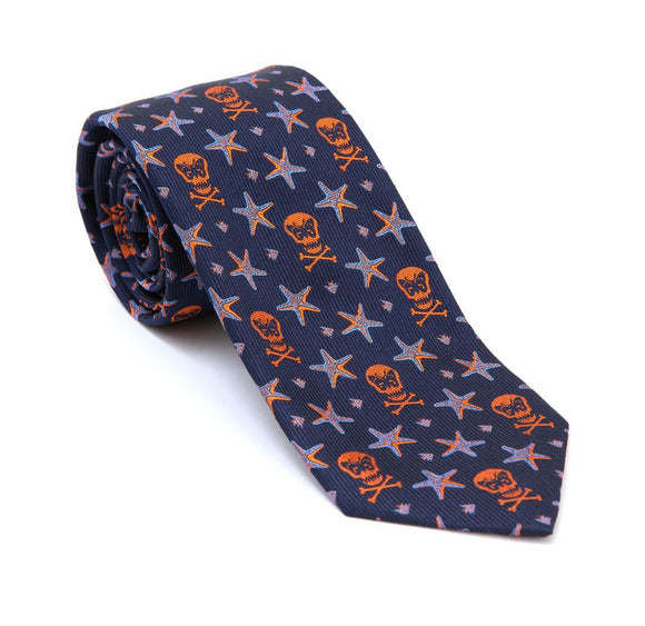 Regent - Woven Silk Tie - Navy w/ Orange Skull and Fish - Regent Tailoring
