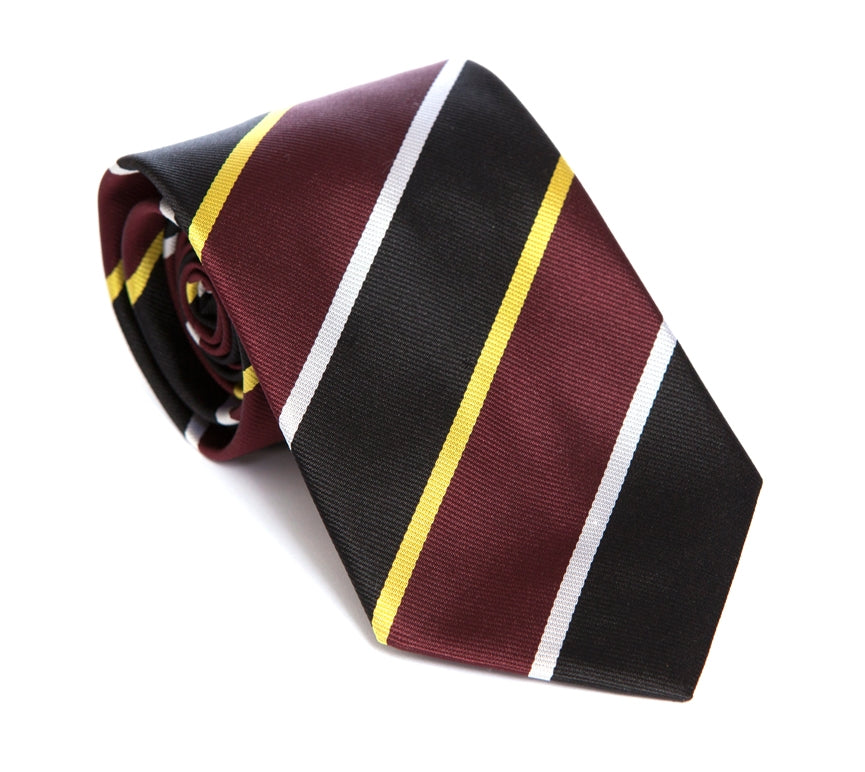 Regent - Woven Silk Tie - Burgundy, Black, Gold and White Stripe - Regent Tailoring