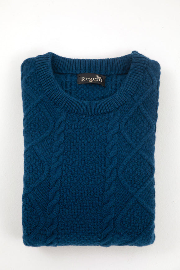 Pure Geelong lambswool authentic Aran jumper by heritage independent designer Regent, featuring cable knit design. 