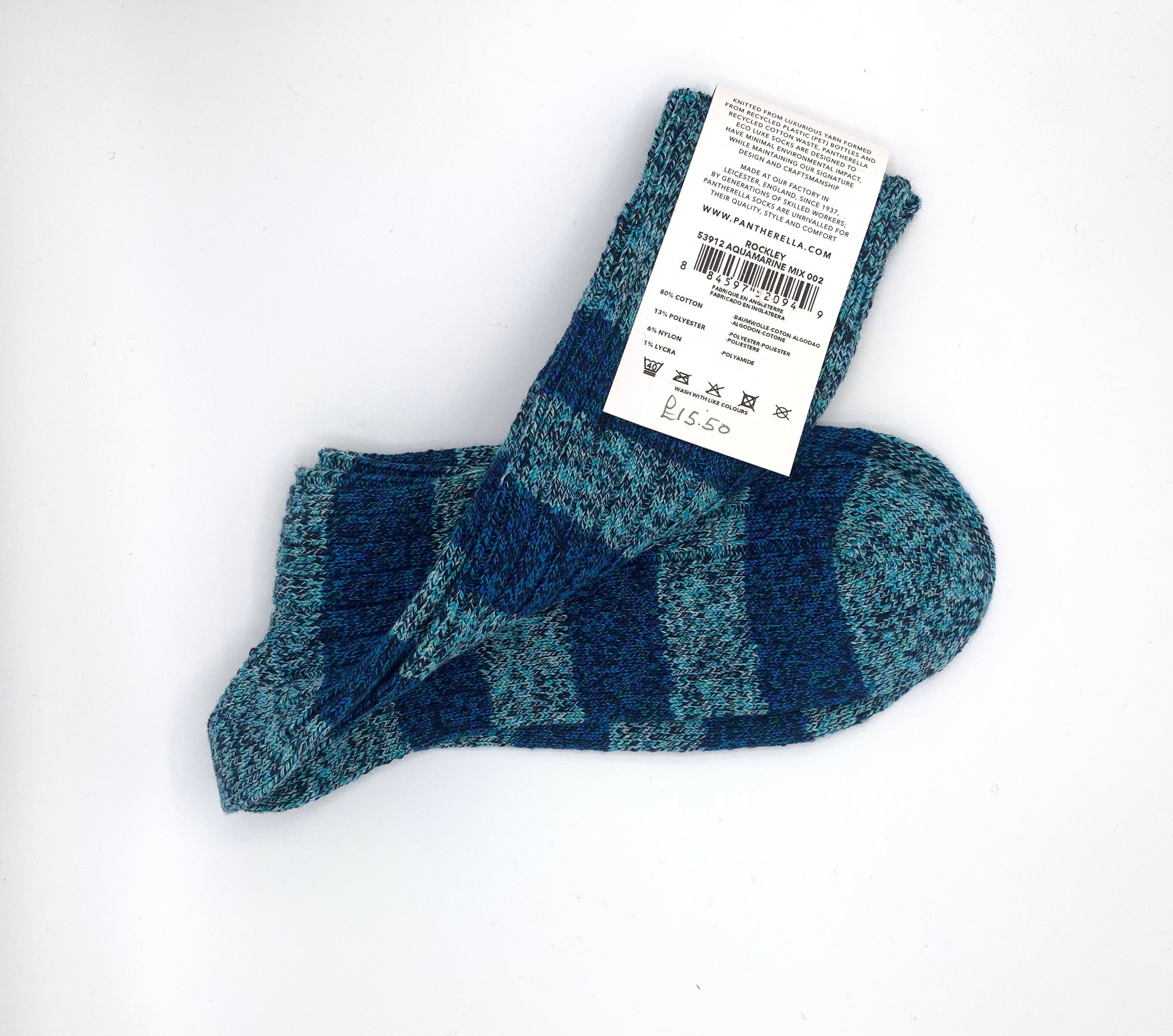 Quality, eco-friendly recycled-yarn UK-made thick socks made with super-warm, super-soft cotton from footwear royalty Pantherella, in a seaside blue with navy stripes. 