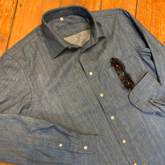 Designer luxury smart soft denim cotton shirt made from Heritage tailor Regent. An iconic, grounded, steadfast look that never goes out of fashion, every gentleman needs a denim shirt in his wardrobe rotation.