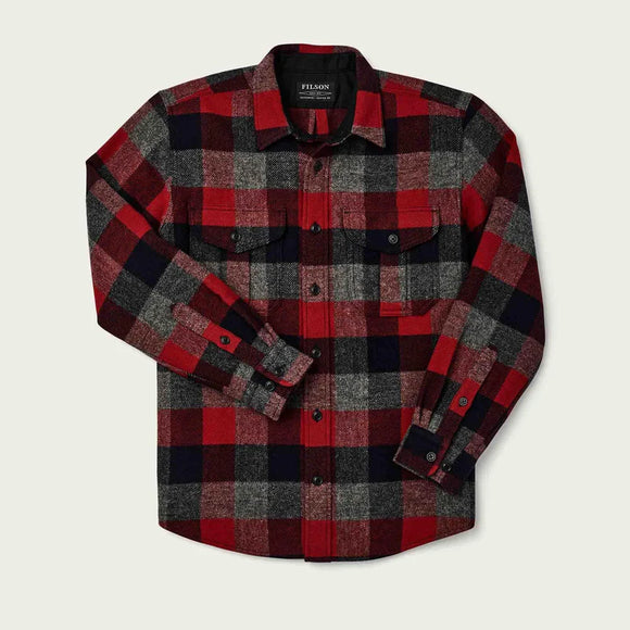 Red, Grey and Black check. Button down front and two button up chest pockets.