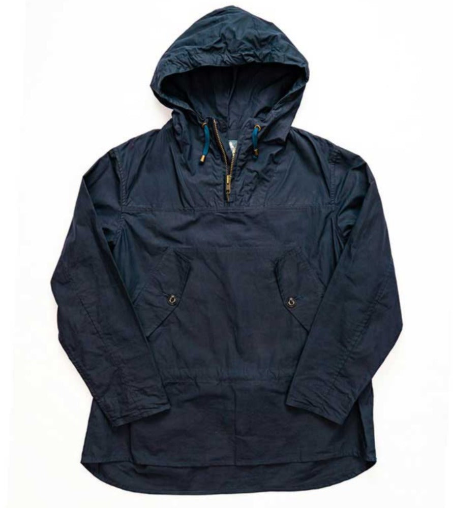 Unisex navy cagoule/water-repellent fisherman's jacket from independent UK brand Yarmouth Oilskins, featuring waxed fabric, three-piece hood and zip closure.