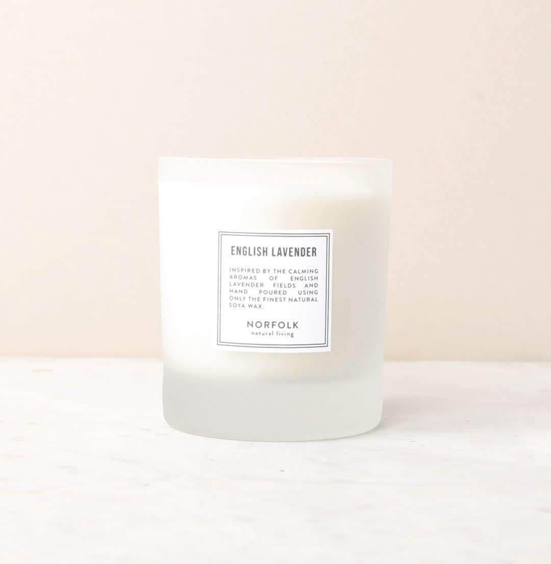 Lavender-scented candle with 50oz (10-hour) burning capacity. Naturally, subtly scented with natural Norfolk lavender, hand-poured with natural wax in a small workshop on the Norfolk coast. 